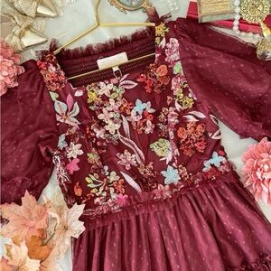 NWOT Embroidered Burgundy Maxi Dress with Ruffle Tiers